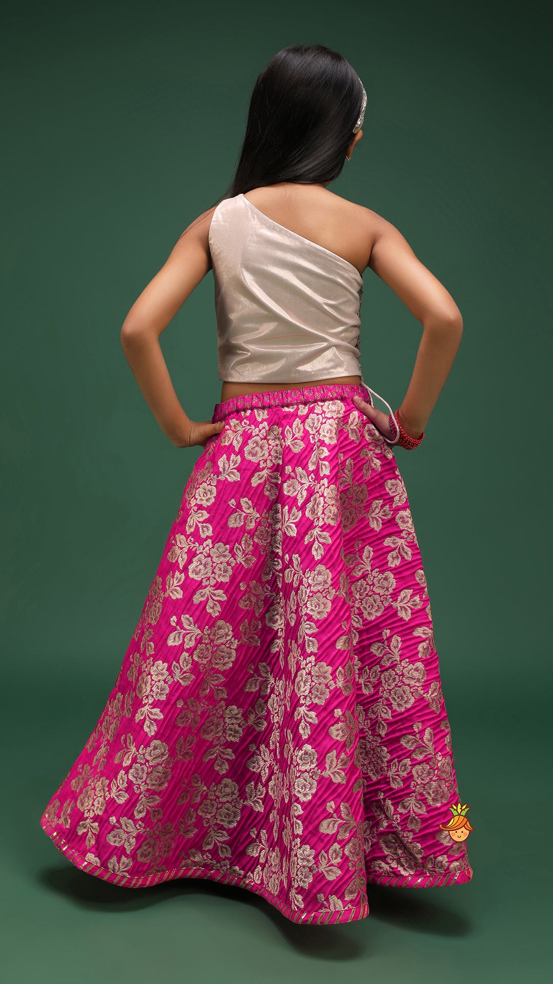 One Shoulder Top With Floral Brocade Embroidered Lehenga And Pink Dupatta