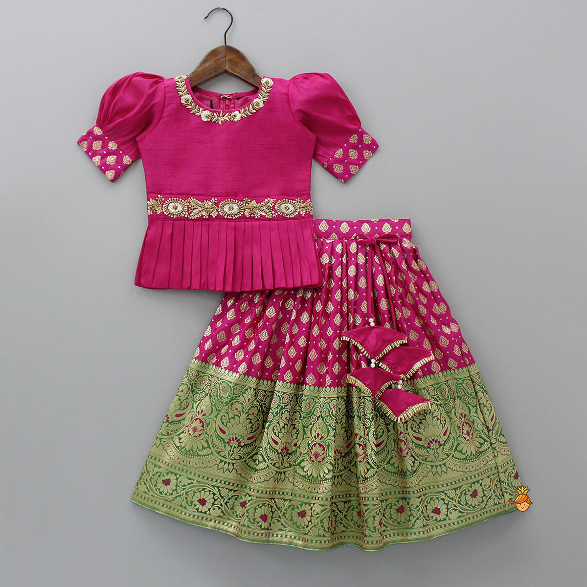 Pre Order: Sequin And Bead Work Top With Floral Brocade Embroidered Dual Colour Banarasi Lehenga