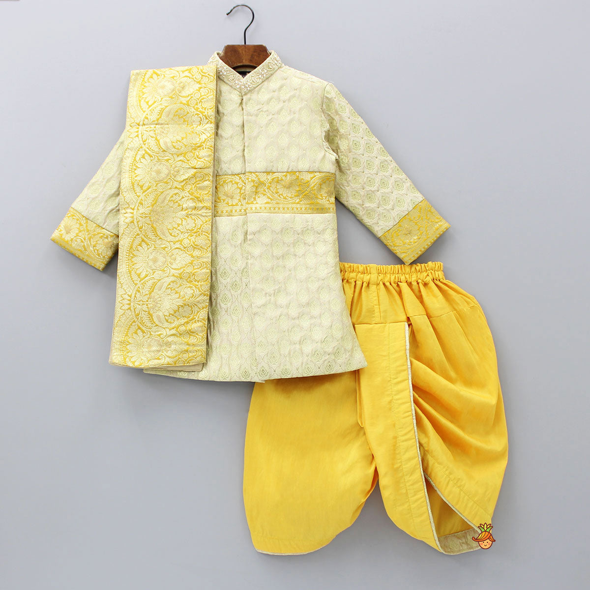 Pre Order: Brocade Embroidered Sherwani Style Kurta And Dhoti With Shawl