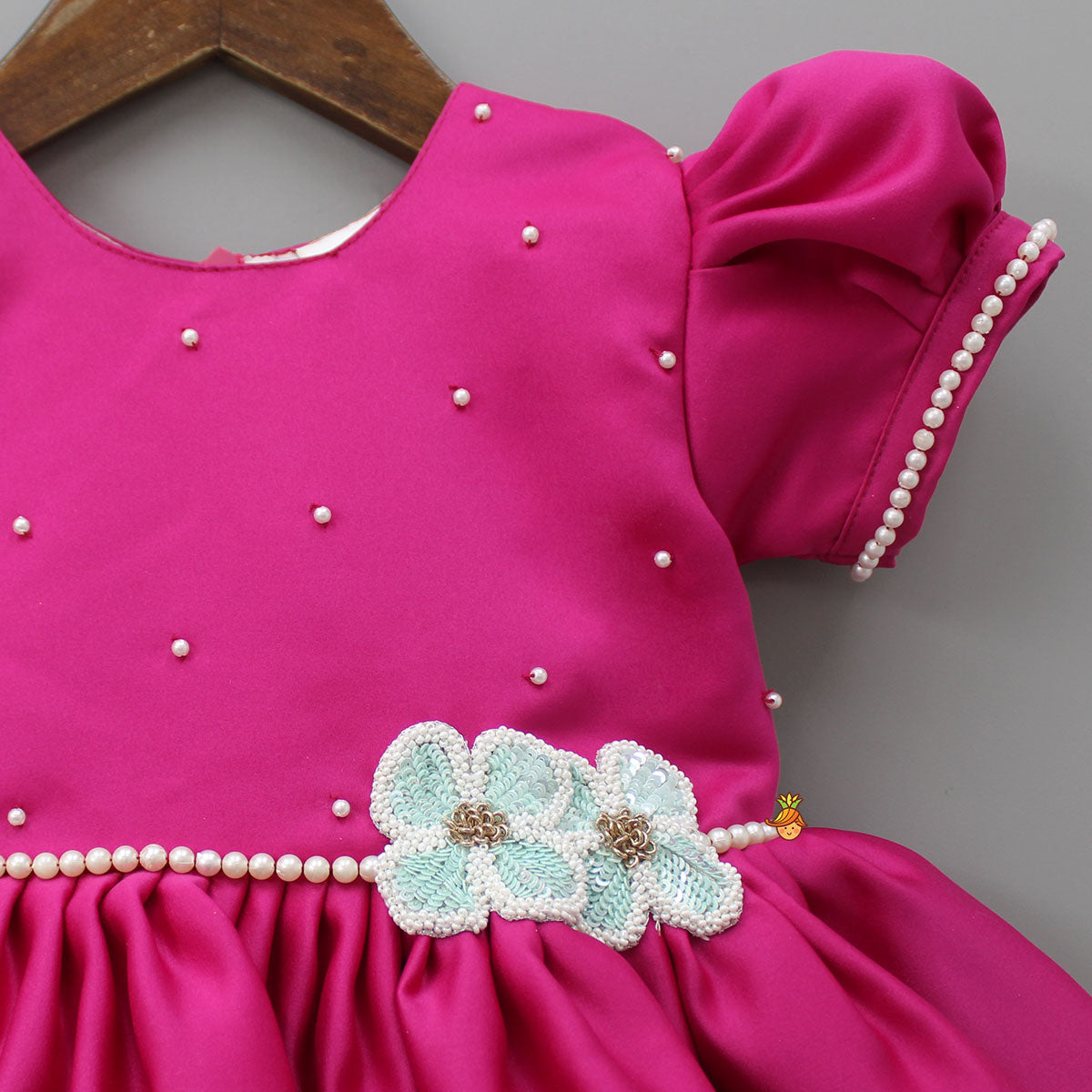 Pre Order: Bead And Sequin Embroidered Floral Patch Work Hot Pink Dress