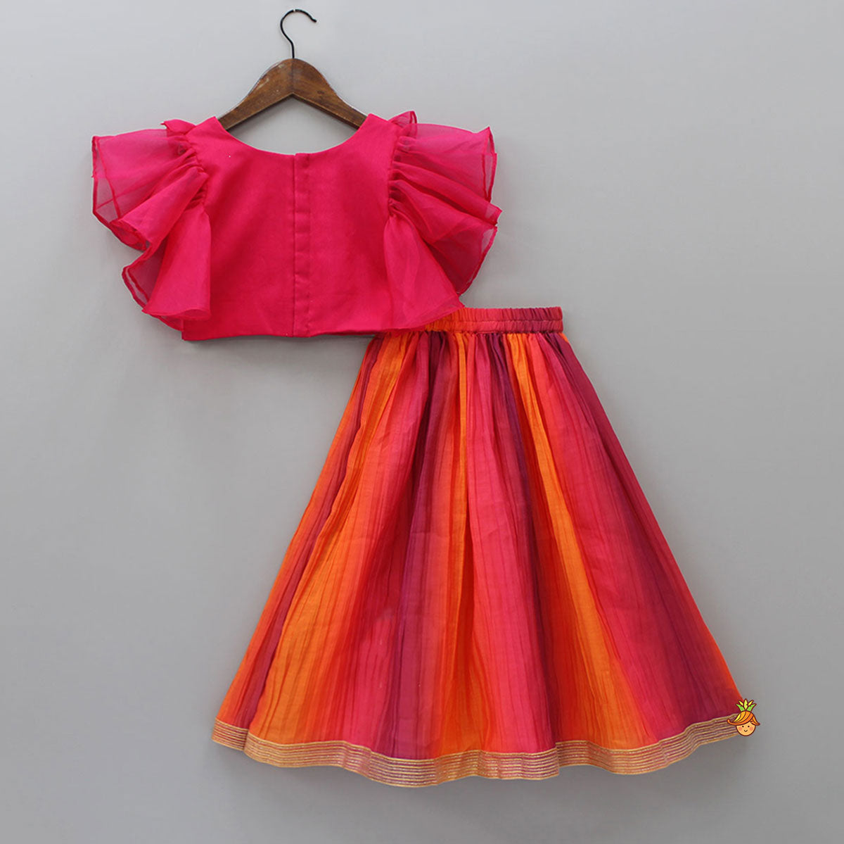 Raspberry Pink Organza Frilly Top With Colourful Shaded Lehenga