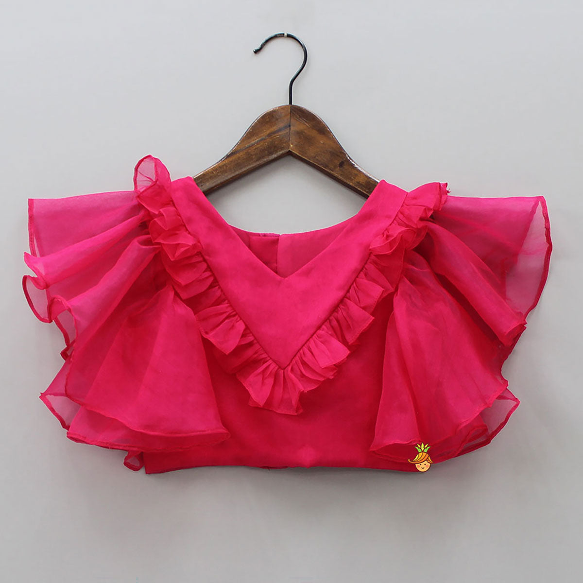 Raspberry Pink Organza Frilly Top With Colourful Shaded Lehenga