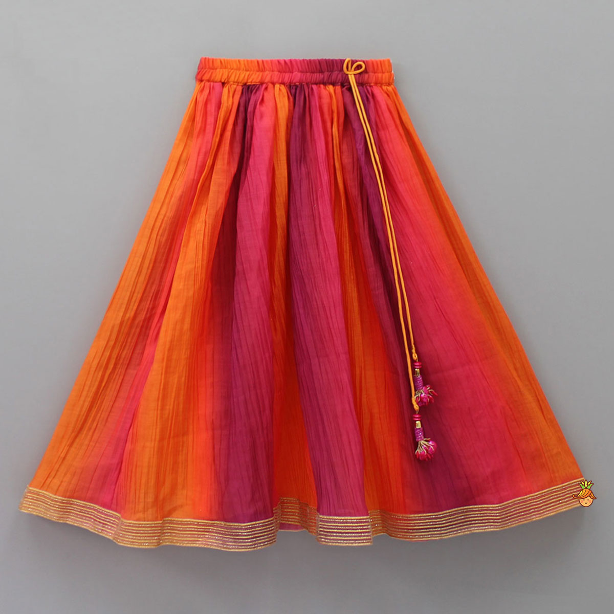 Raspberry Pink Organza Frilly Top With Colourful Shaded Lehenga