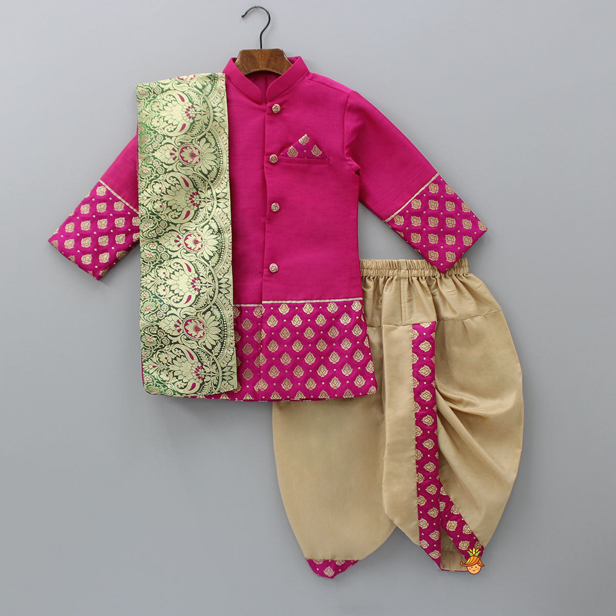 Pre Order: Magenta Pink Sherwani Style Kurta With Dhoti And Brocade Shawl