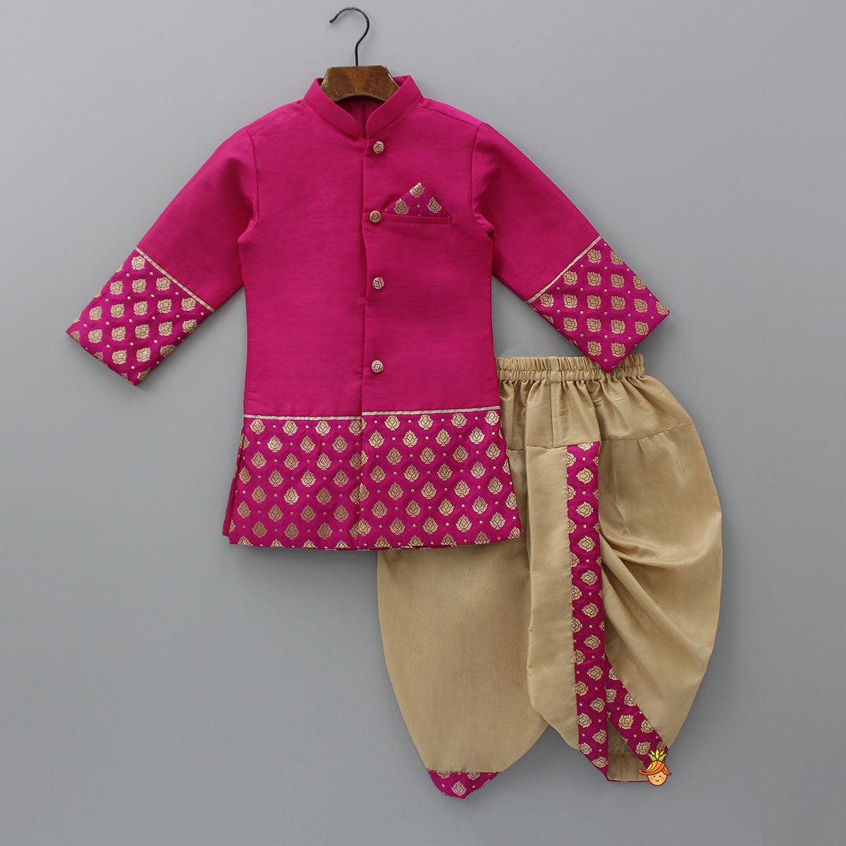 Pre Order: Magenta Pink Sherwani Style Kurta With Dhoti And Brocade Shawl