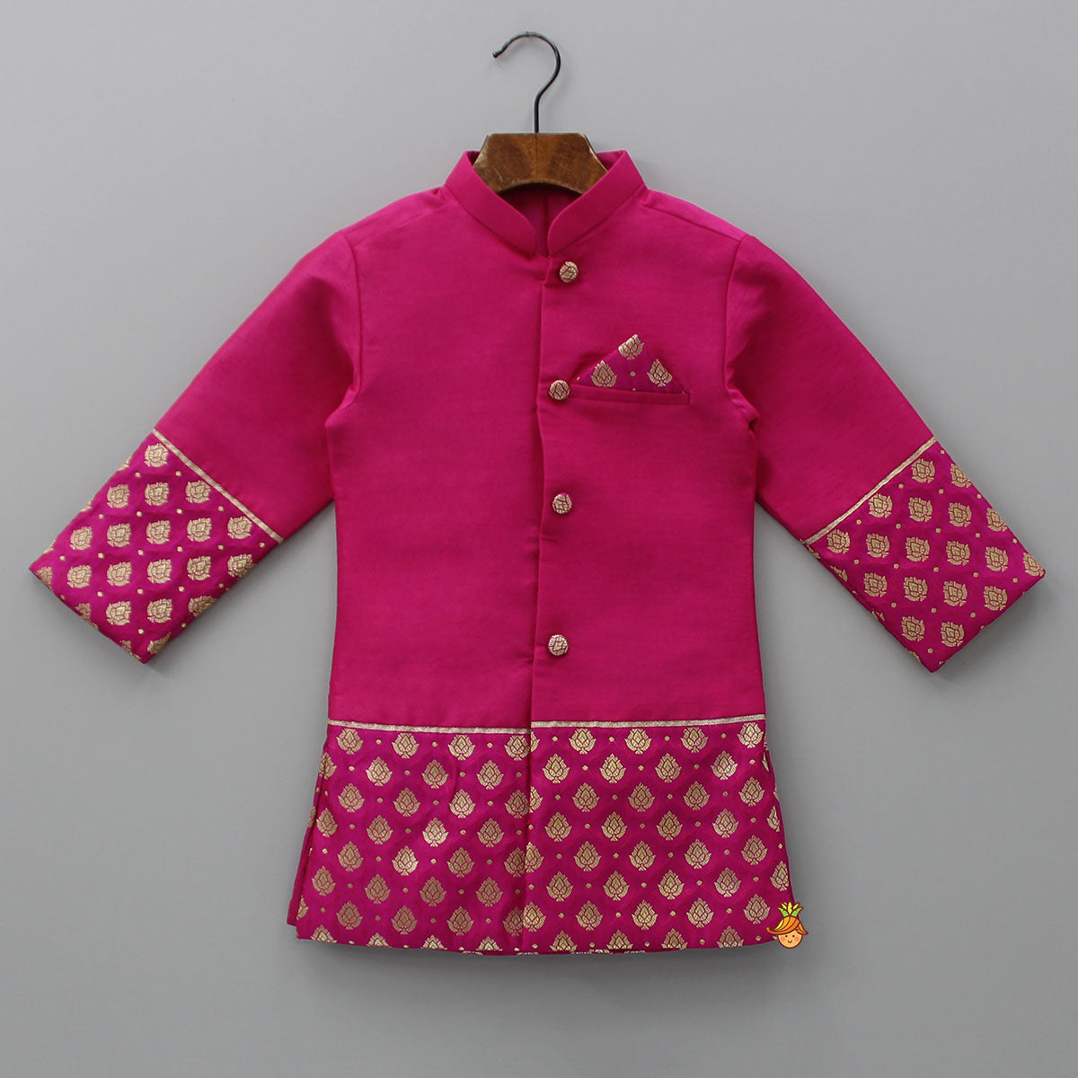 Pre Order: Magenta Pink Sherwani Style Kurta With Dhoti And Brocade Shawl