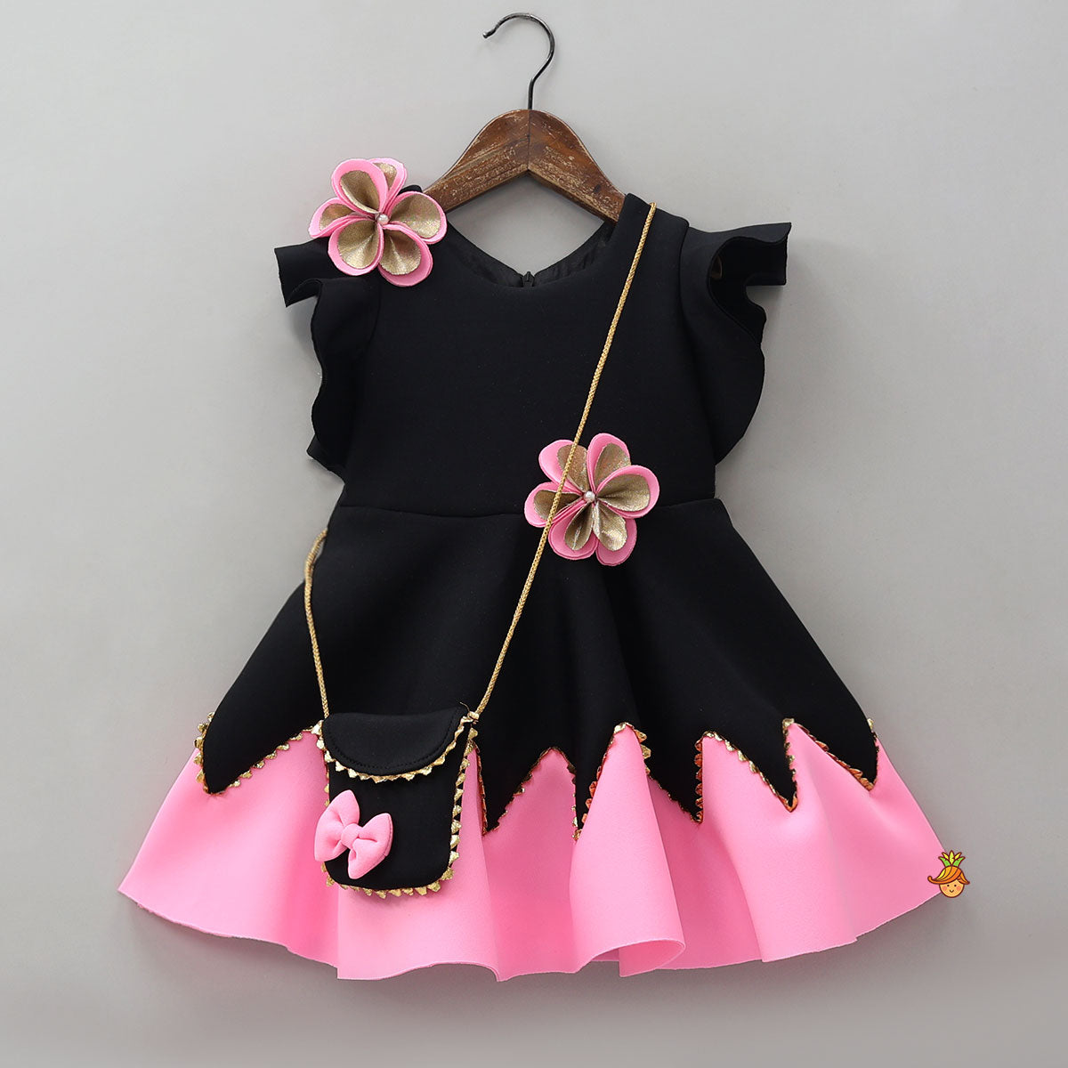 Pre Order: Flower Embellished Black Dress With Sling Bag