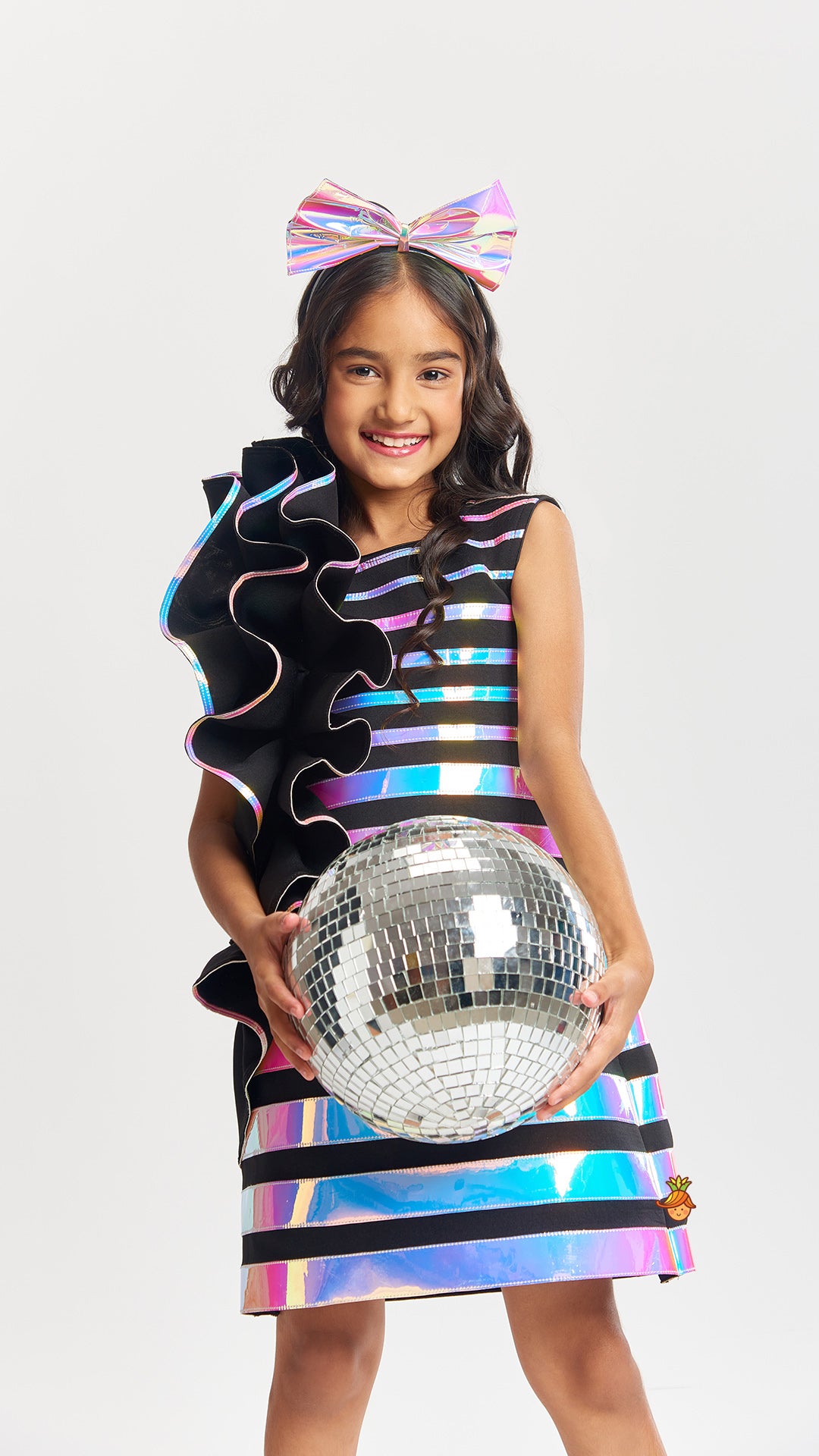 Pre Order: Black Holographic Ruffle Dress With Bow Hair band