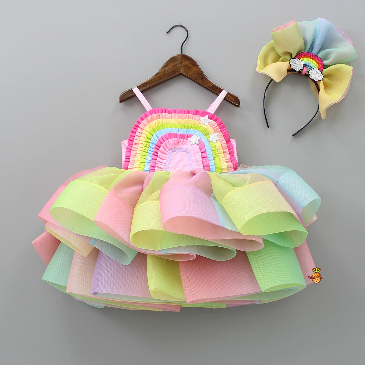 Multicolour Shaded Rainbow Theme Ruffled Shimmery Dress With Hair Band