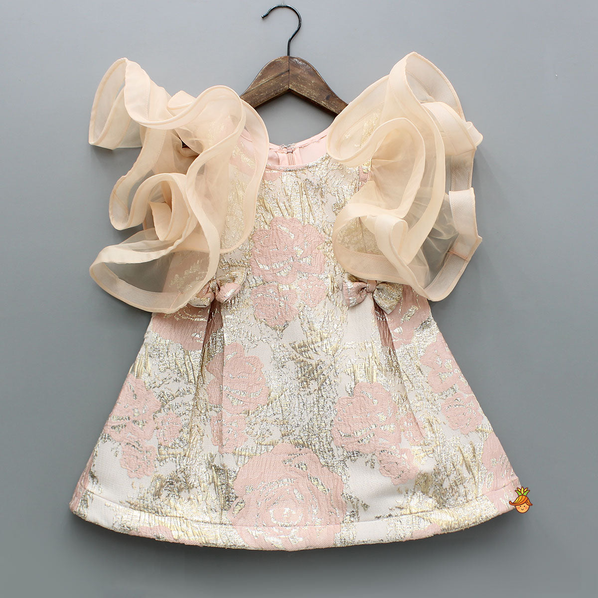 Pre Order: Peach Zari Brocade Ruffle Sleeves Dress