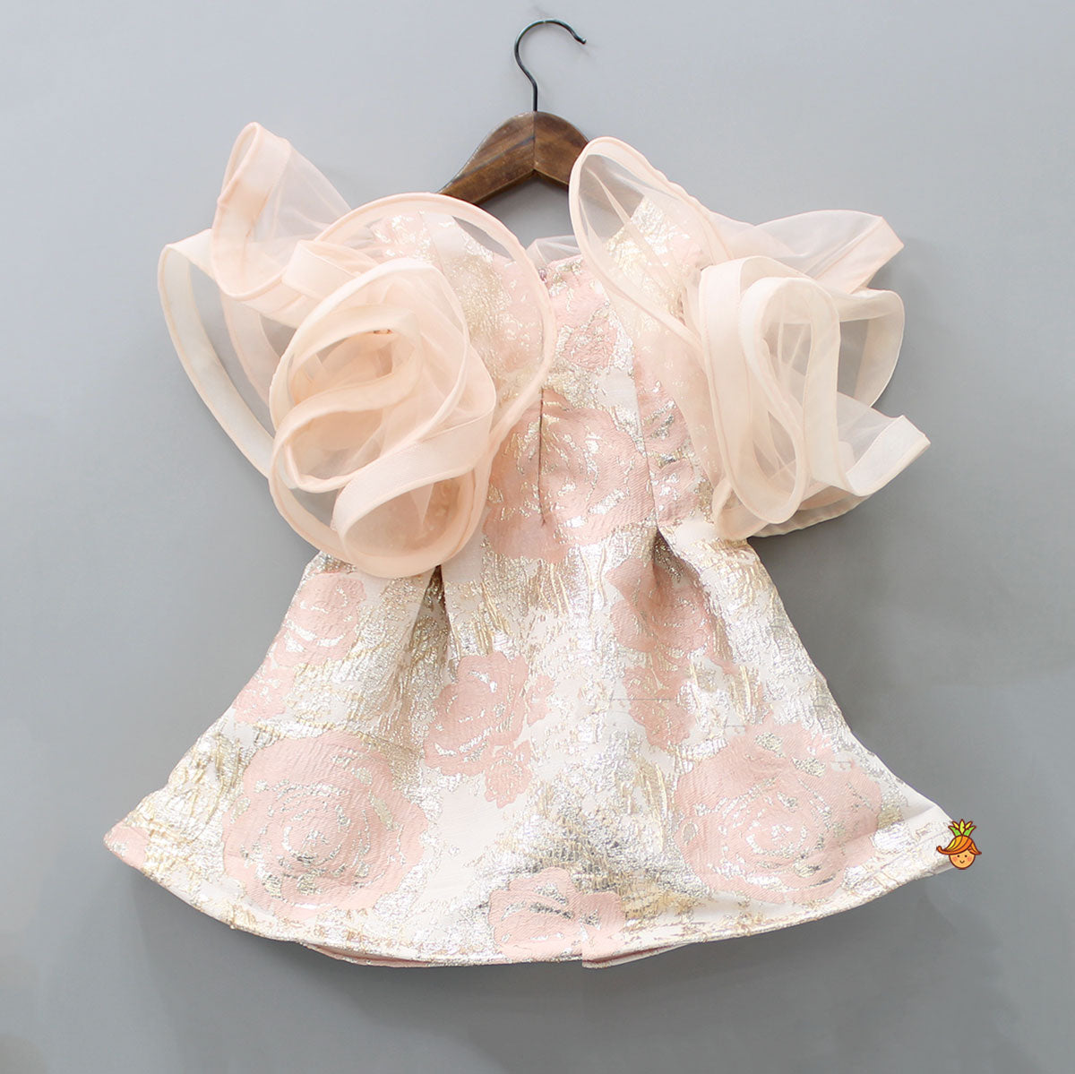 Pre Order: Peach Zari Brocade Ruffle Sleeves Dress