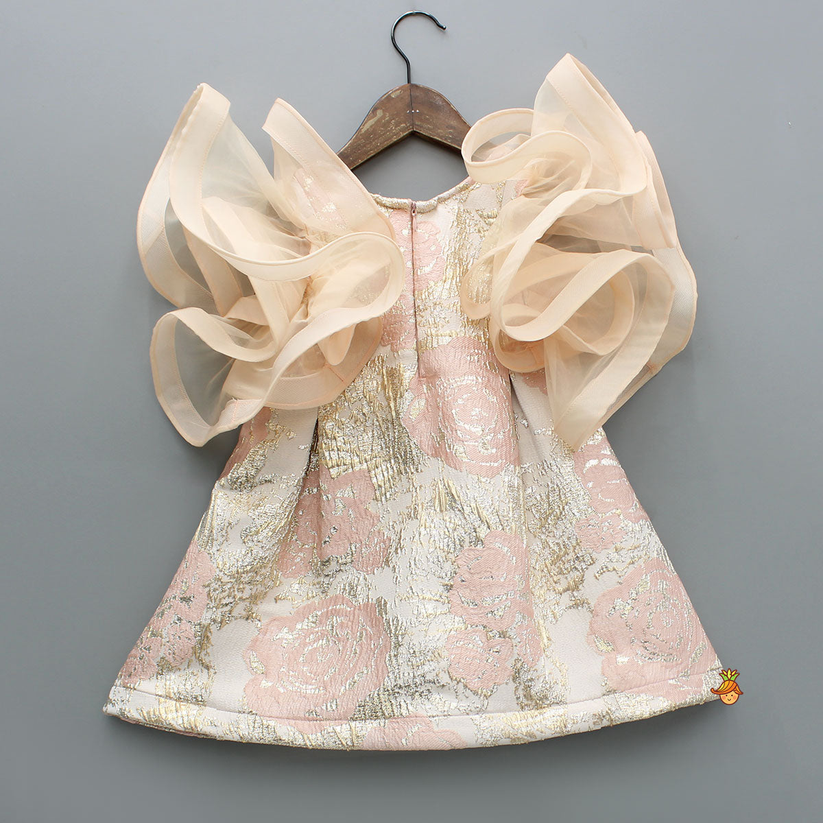 Pre Order: Peach Zari Brocade Ruffle Sleeves Dress