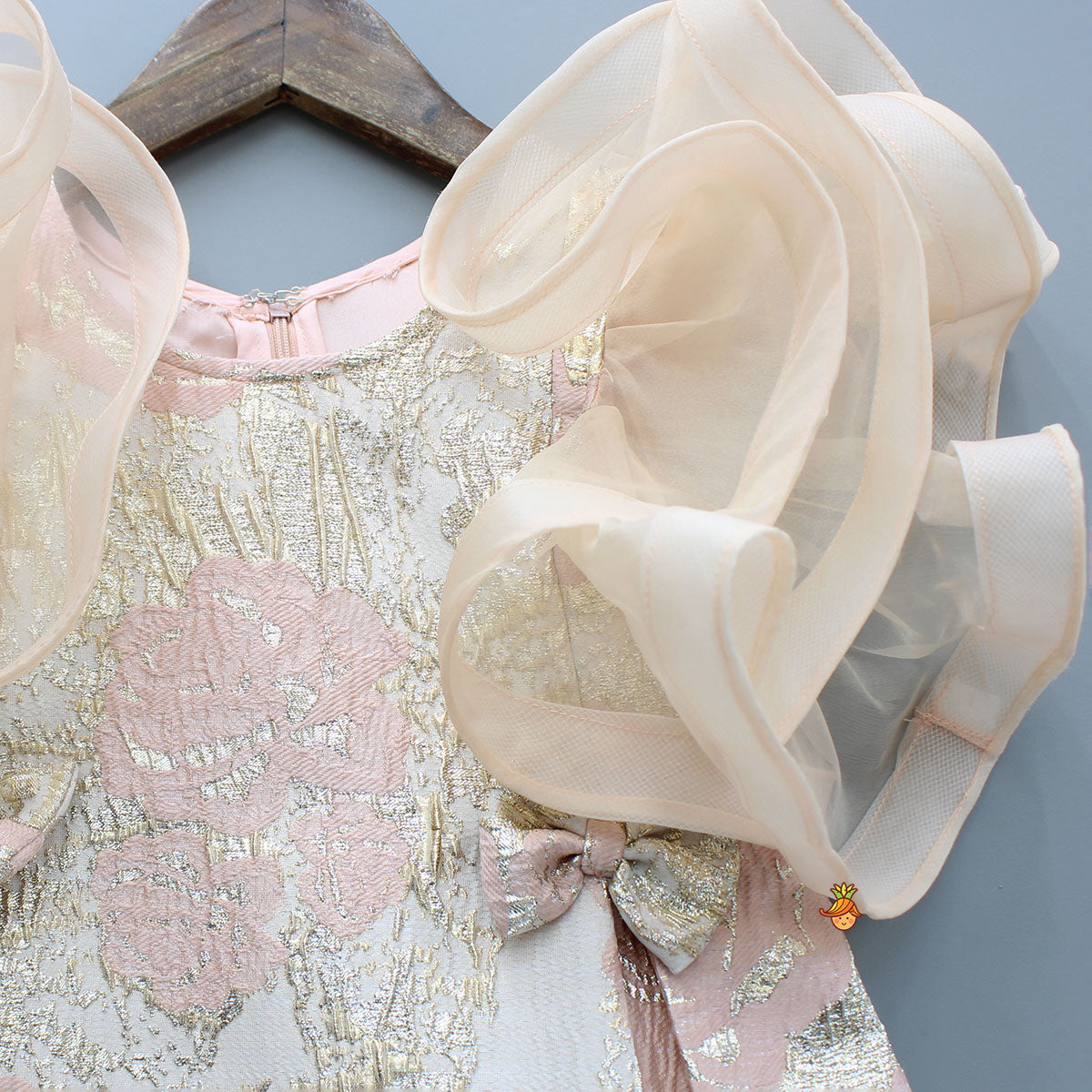 Pre Order: Peach Zari Brocade Ruffle Sleeves Dress