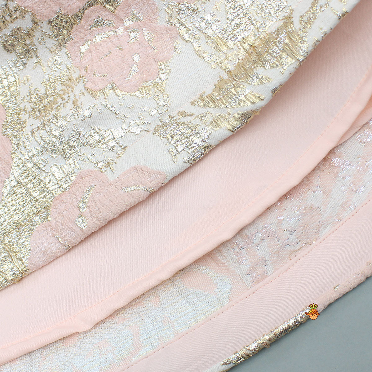 Pre Order: Peach Zari Brocade Ruffle Sleeves Dress