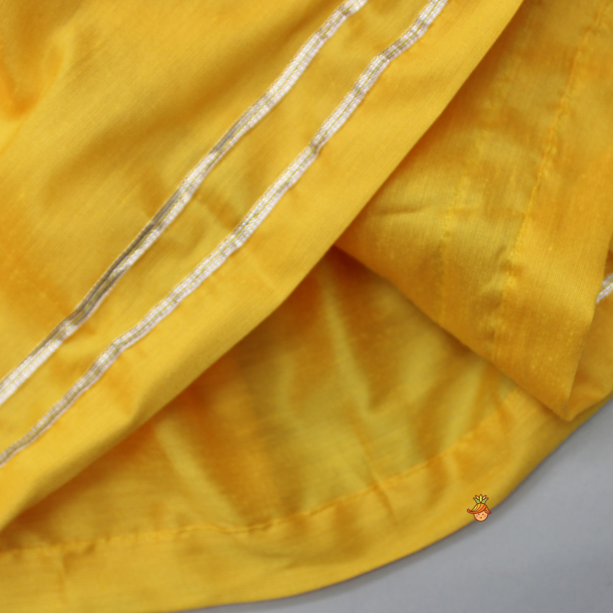 Pre Order: Yellow Krishna Embroidered Angarkha Top With Lace Work Dhoti And Mukut