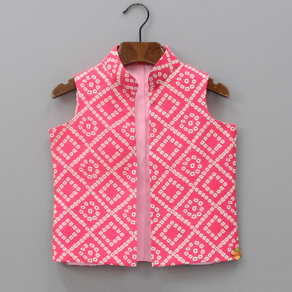 Pre Order: Pink Bandhani Printed Kurta With Open Jacket And Churidar