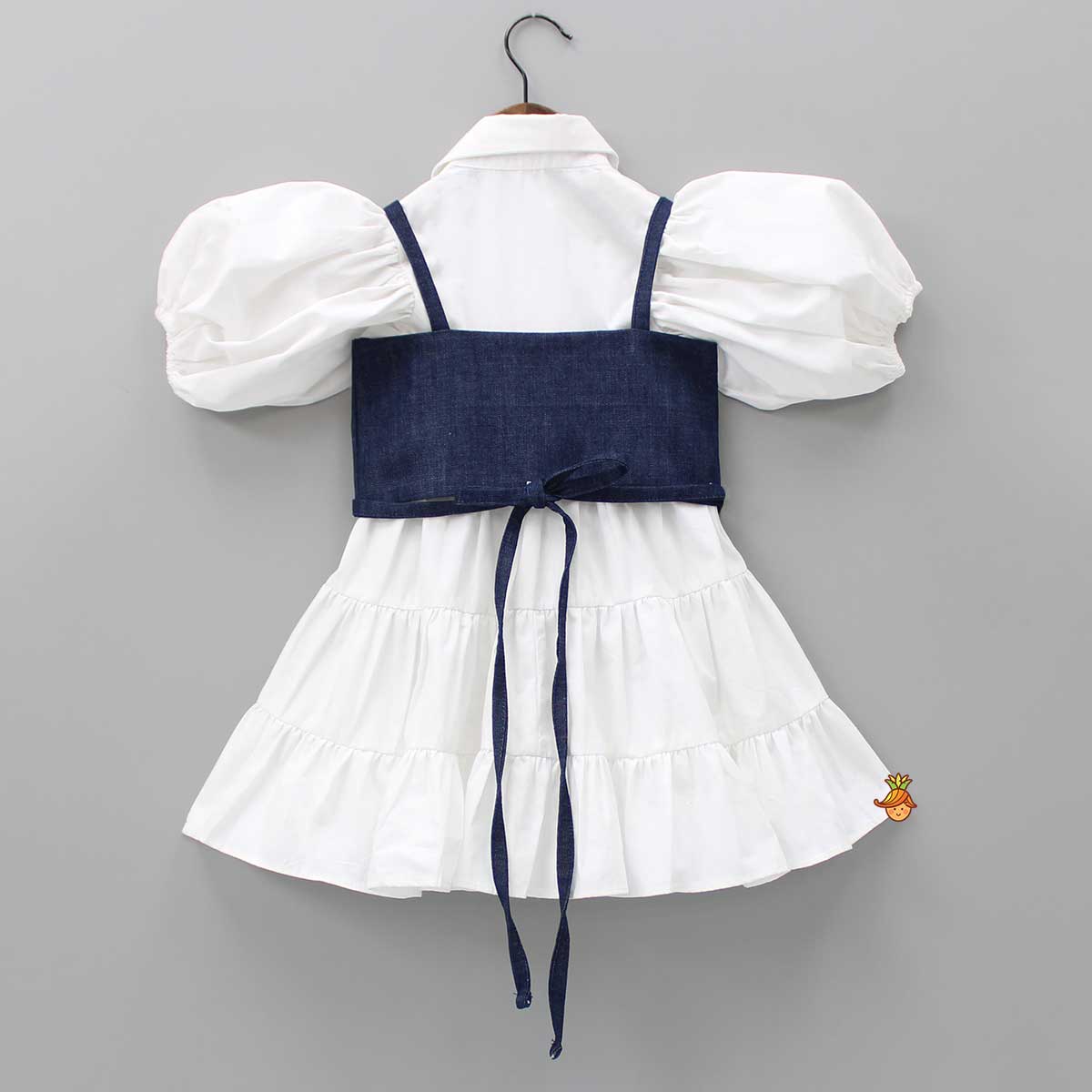 Pre Order: White Shirt Style Tiered Dress With Denim Top And Cap