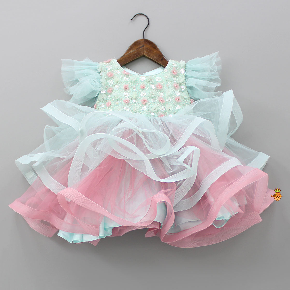 Pre Order: Net Flowers And Sequins Embellished Ruffled Dress