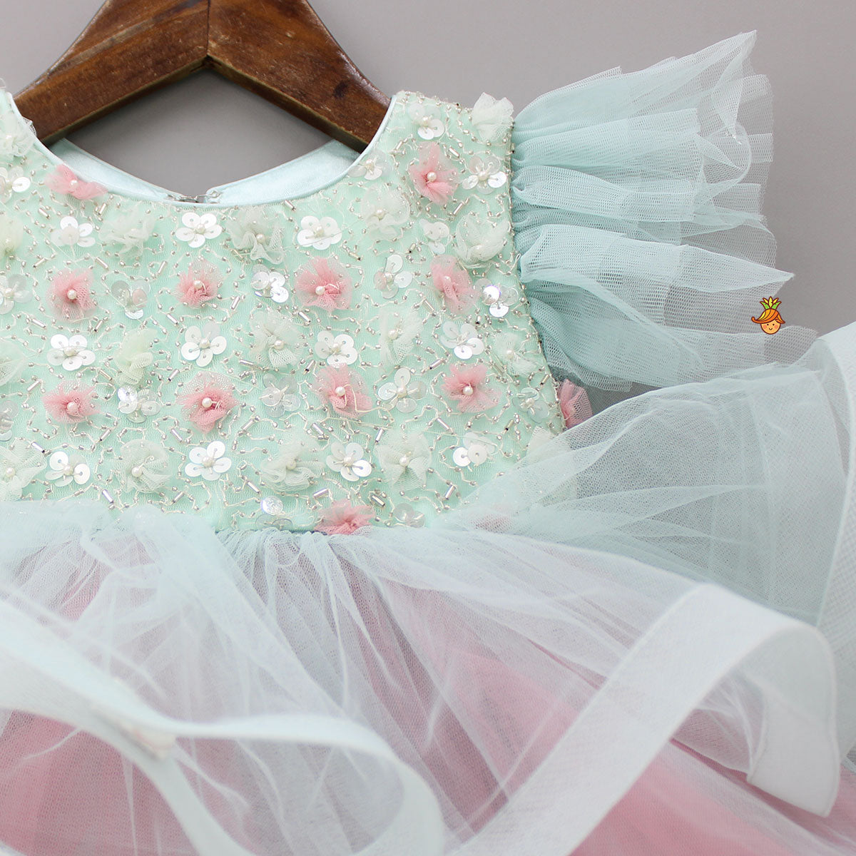 Pre Order: Net Flowers And Sequins Embellished Ruffled Dress