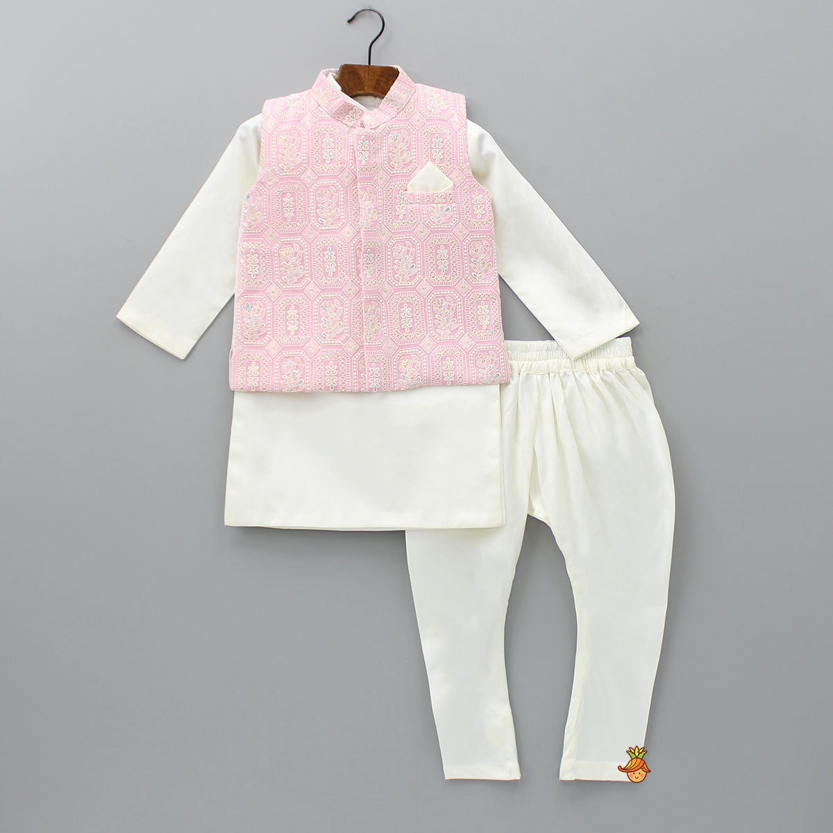 Pre Order: Off White Kurta And Churidar With Pink Chikankari Embroidered Jacket