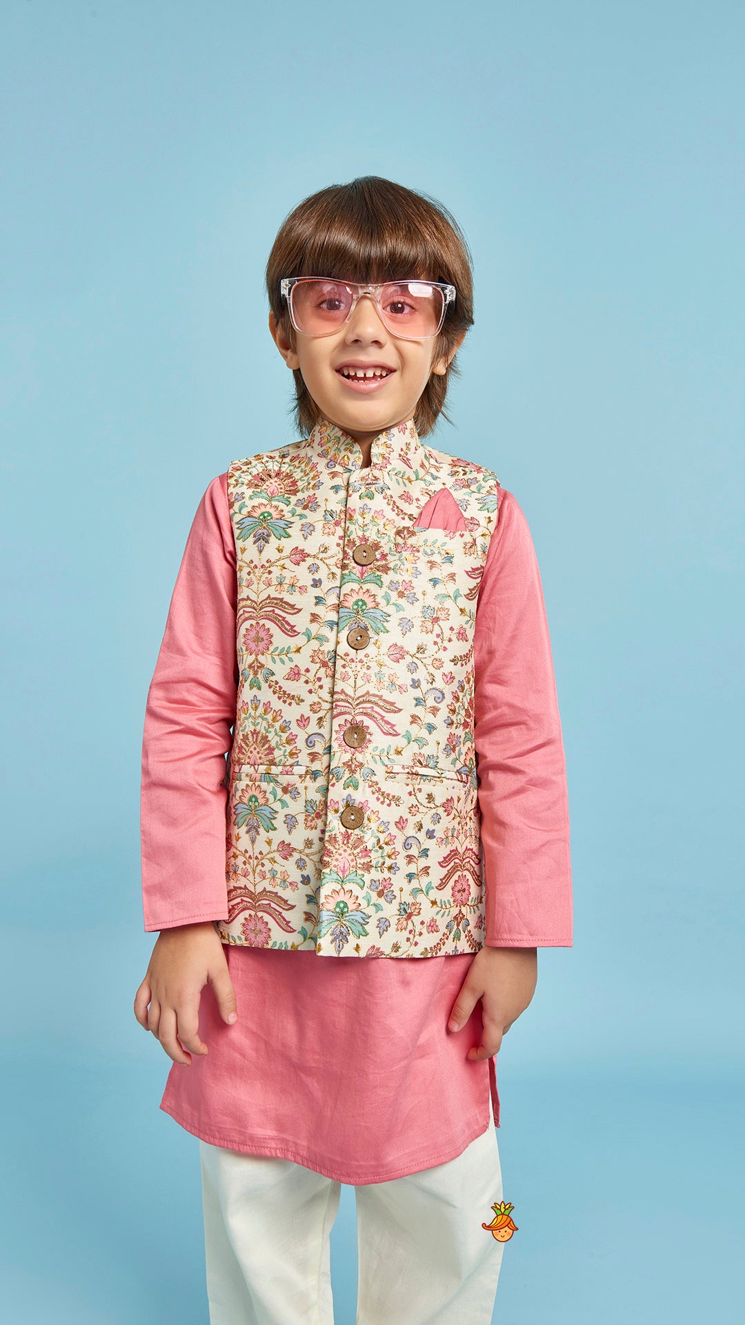 Floral Printed Thread Work Jacket With Rusty Red Kurta And Pyjama