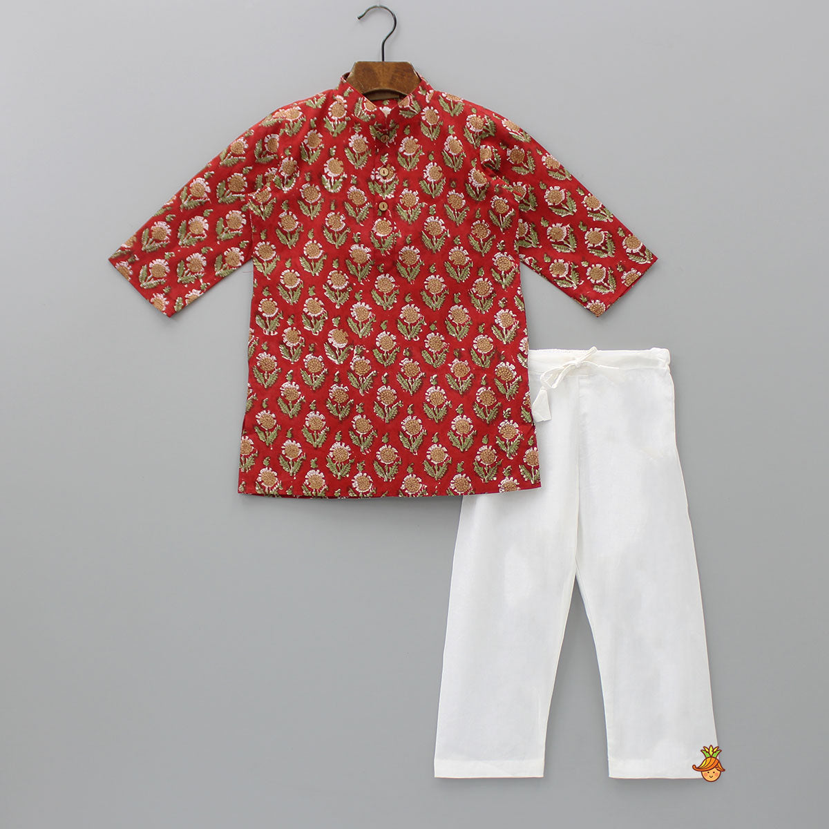 Pre Order: Hand Block Floral Printed Red Kurta And Pyjama