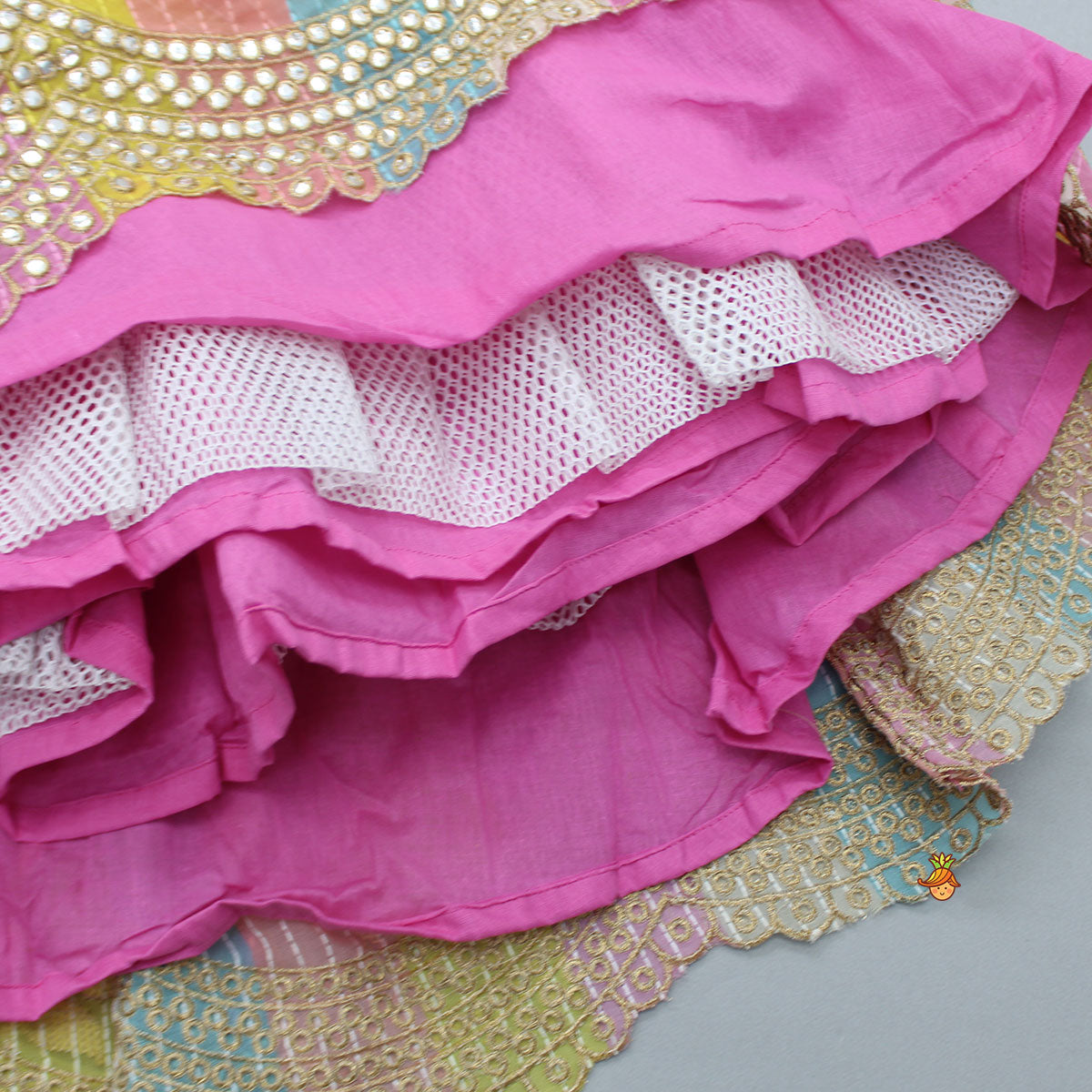 Pre Order: Pink One Shoulder Drape Style Top With Multicolour Sequins Embellished Lehenga