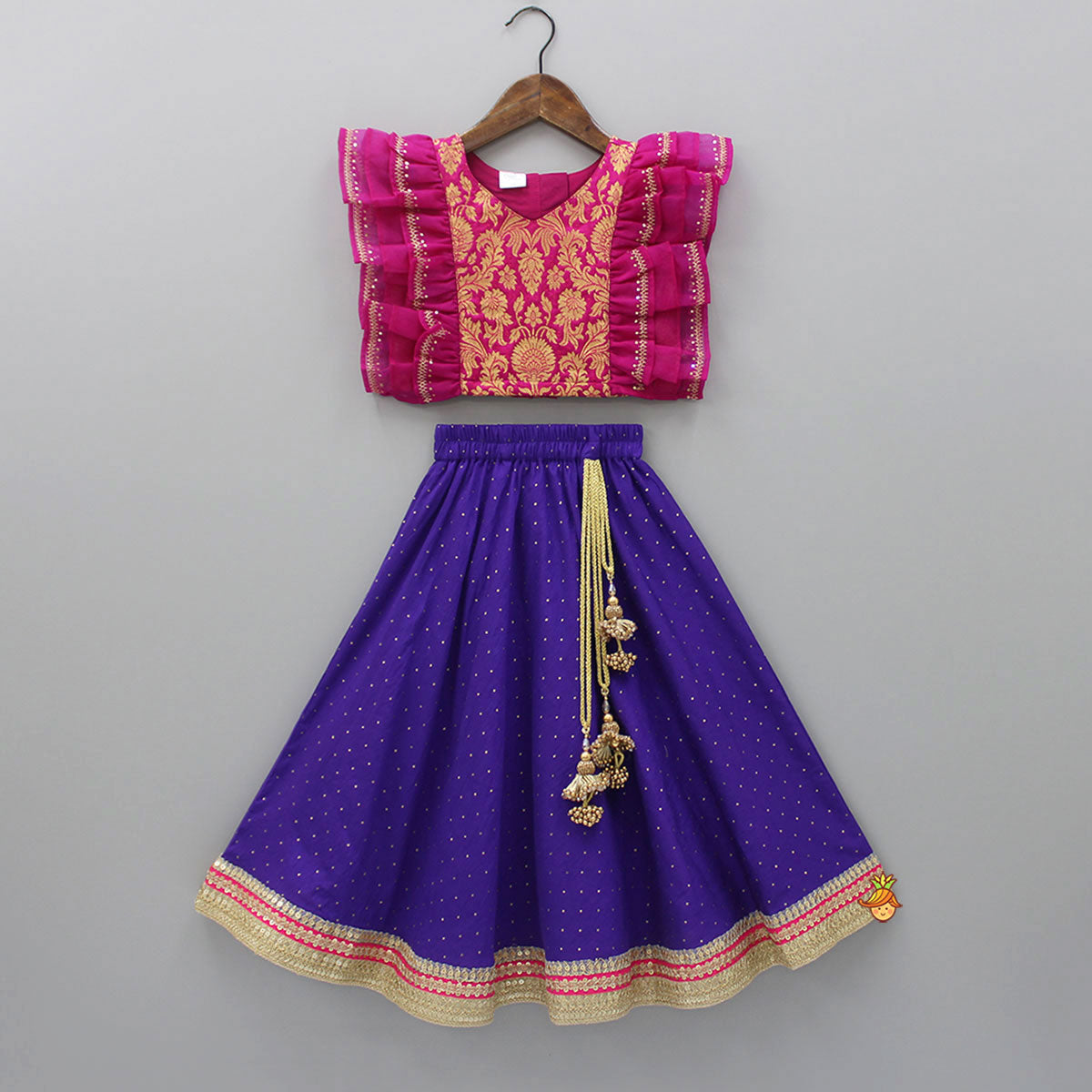 Pink Frilly Brocade Top And Sparkling Lehenga