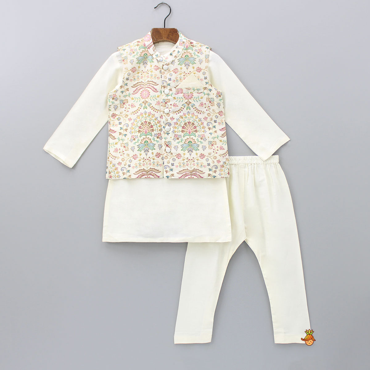 Pre Order: Floral Printed Golden Thread Work Jacket With Off White Kurta And Pyjama