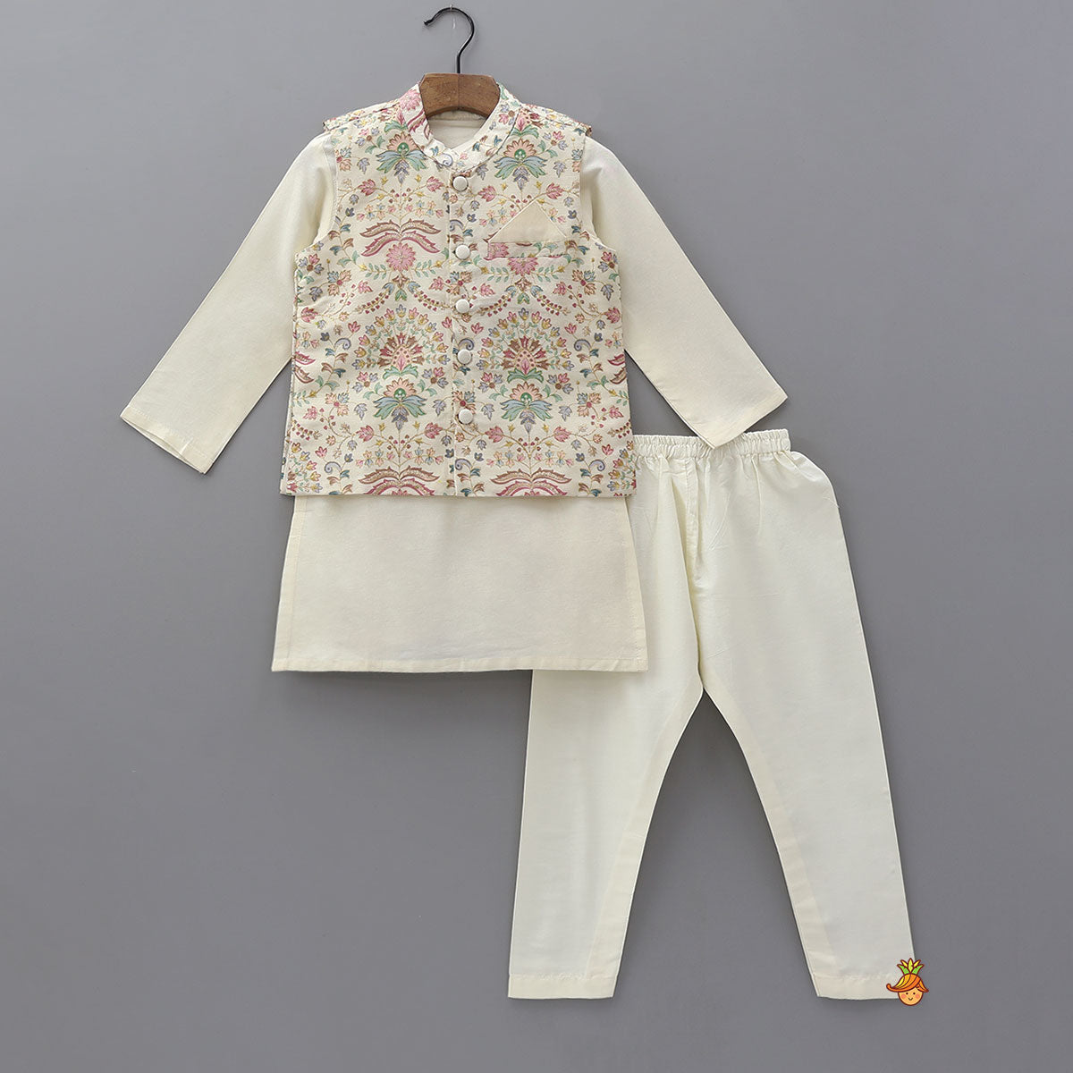Pre Order: Floral Printed Golden Thread Work Jacket With Off White Kurta And Pyjama