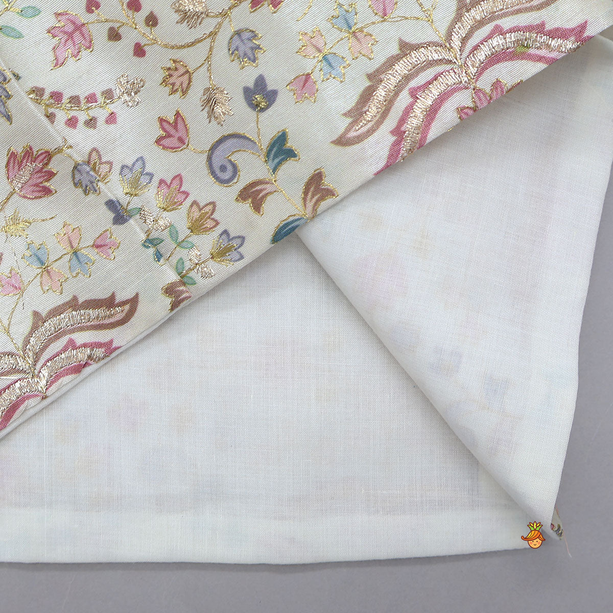 Pre Order: Floral Printed Golden Thread Work Jacket With Off White Kurta And Pyjama