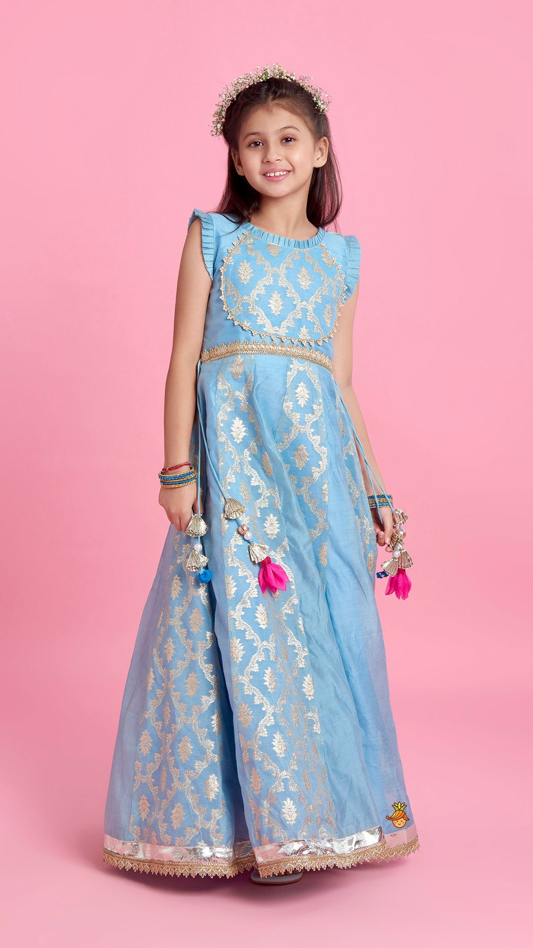 Pre Order: Zari Brocade Embroidered Lace Work Dress With Attached Drape Dupatta