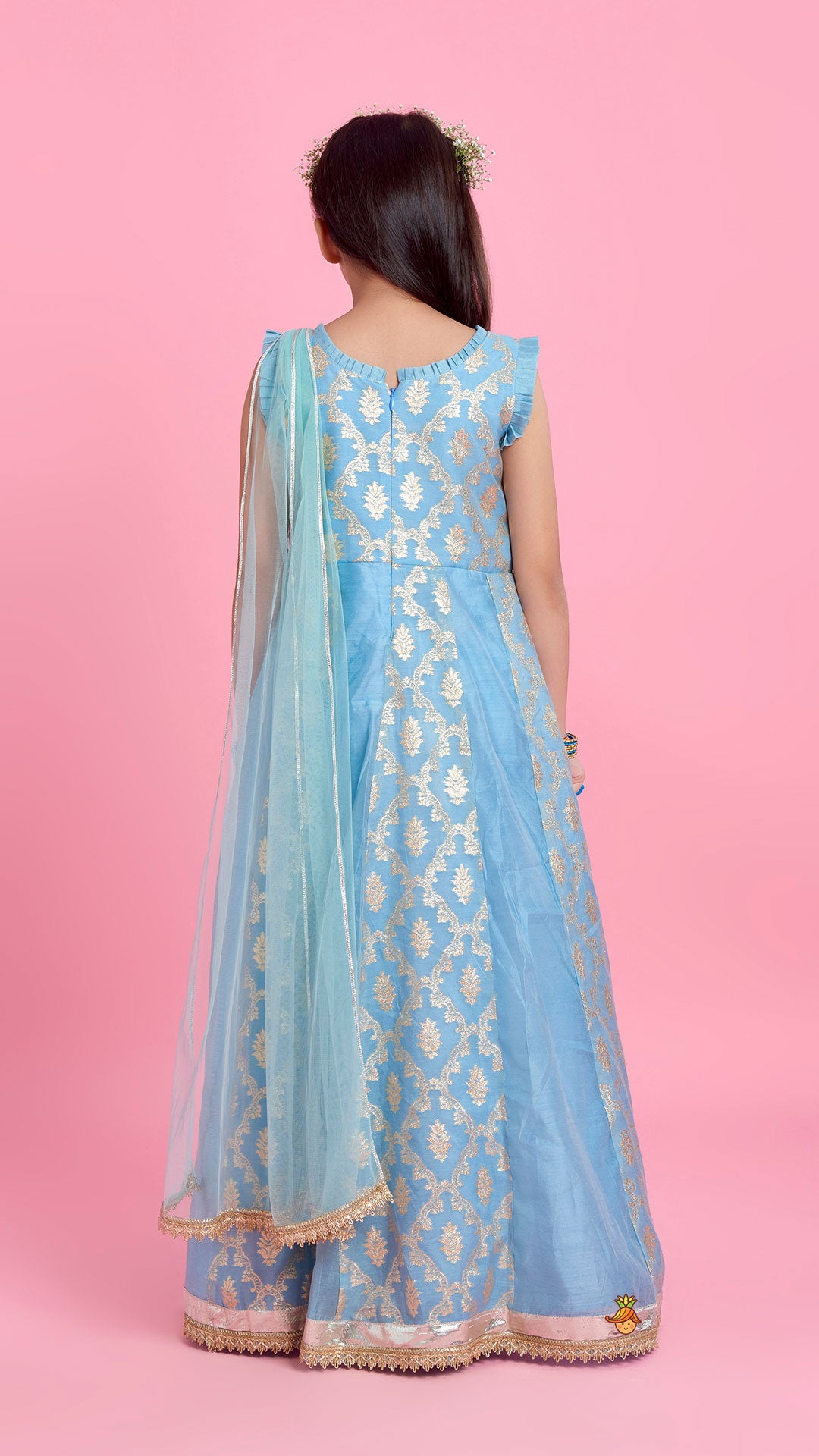 Pre Order: Zari Brocade Embroidered Lace Work Dress With Attached Drape Dupatta