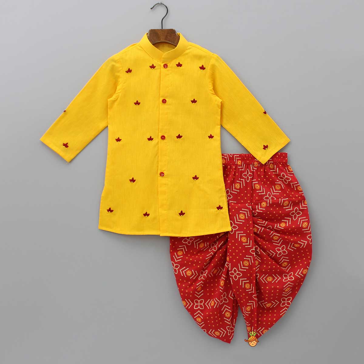 Pre Order: Thread Embroidered Yellow Kurta With Bandhani Printed Red Dhoti