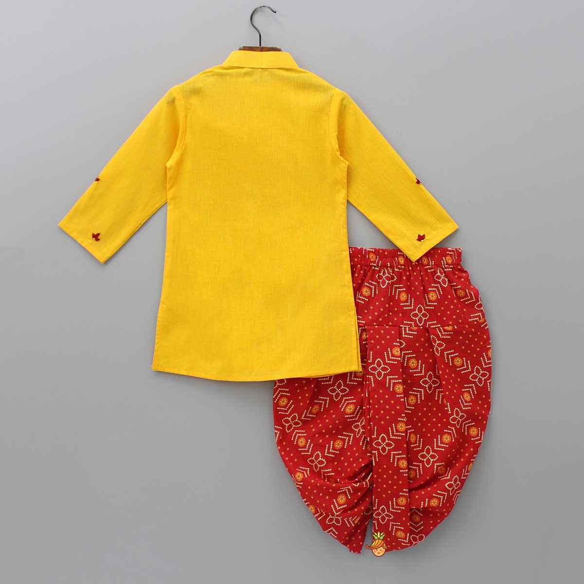 Pre Order: Thread Embroidered Yellow Kurta With Bandhani Printed Red Dhoti