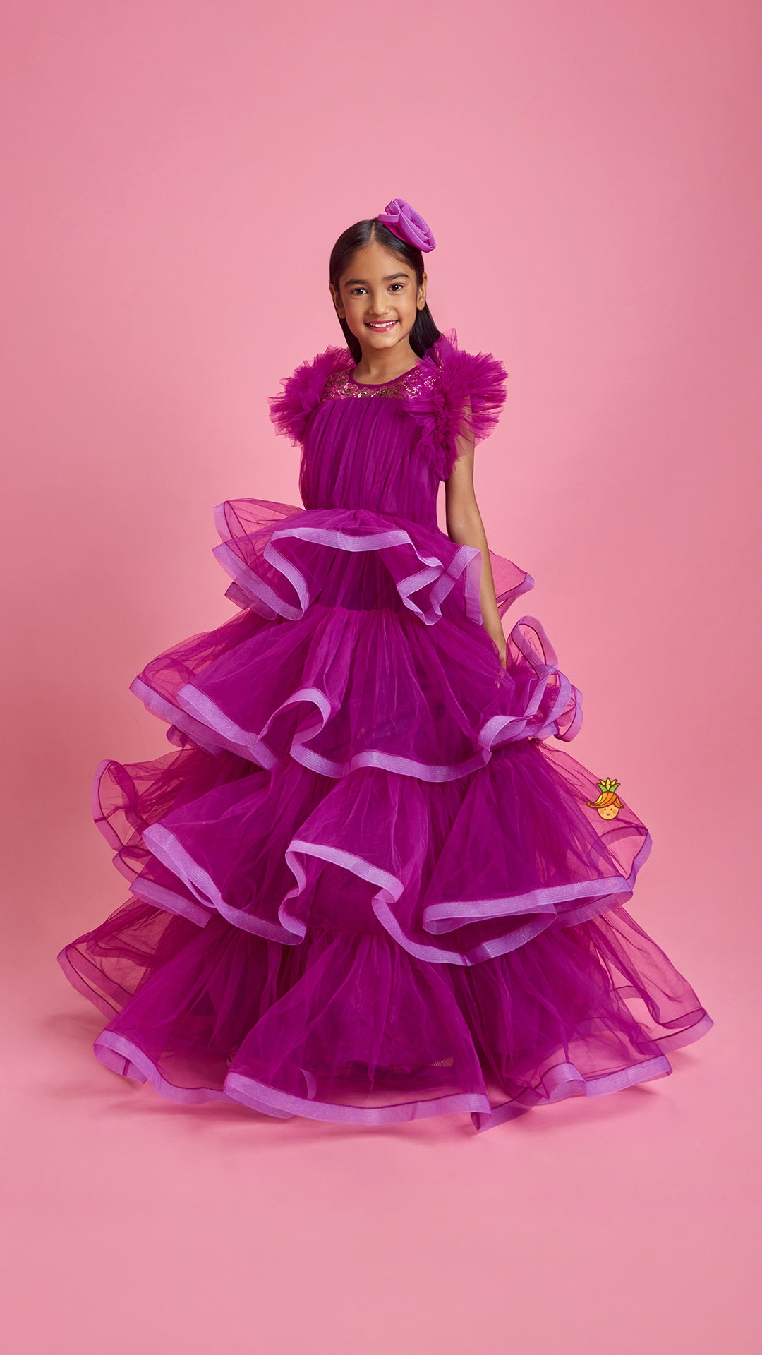 Pre Order: Pretty Purple Ruffled Layered Gown With Matching Hair Clip