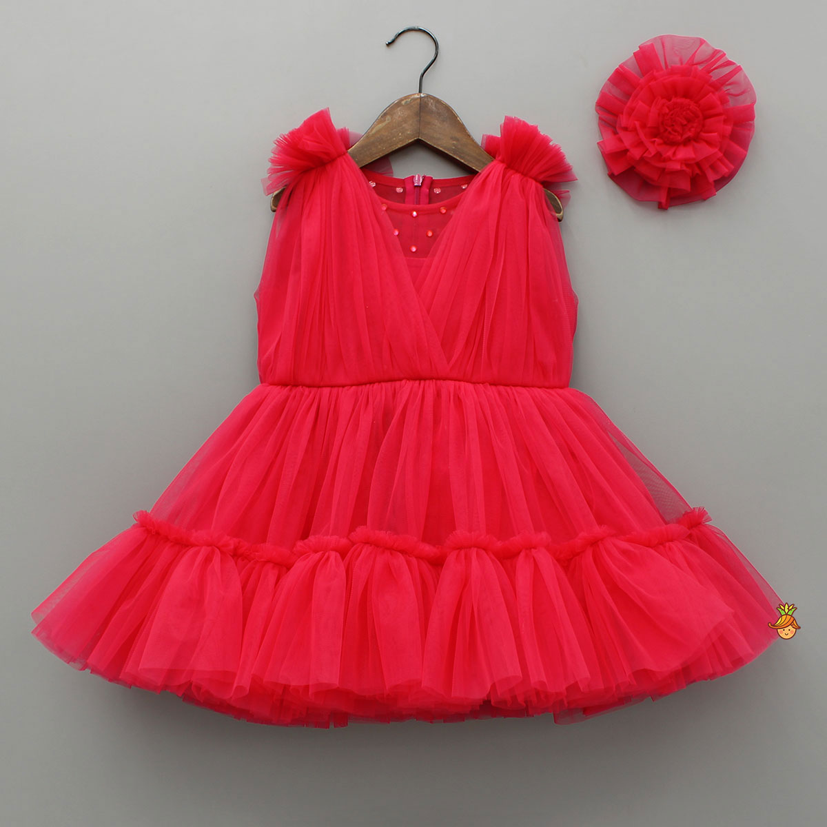 Pre Order: Enchanting Crimson Red Gathered Dress With Hair Clip