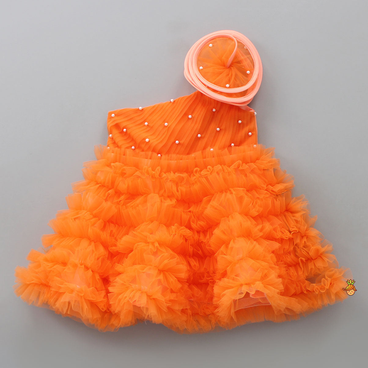 Swirl Frilled One Shoulder Orange Dress