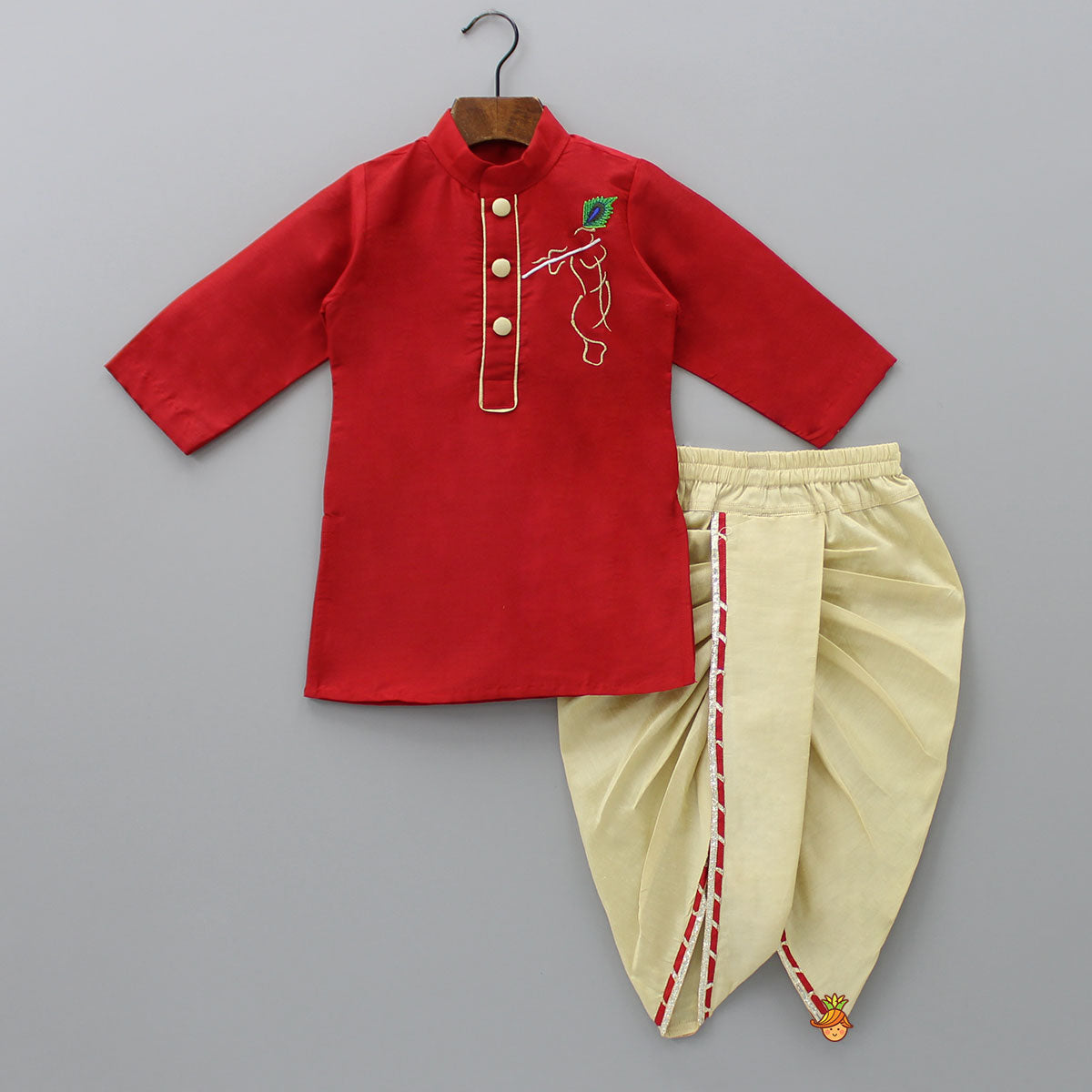 Krishna Embroidered Red Kurta And Dhoti