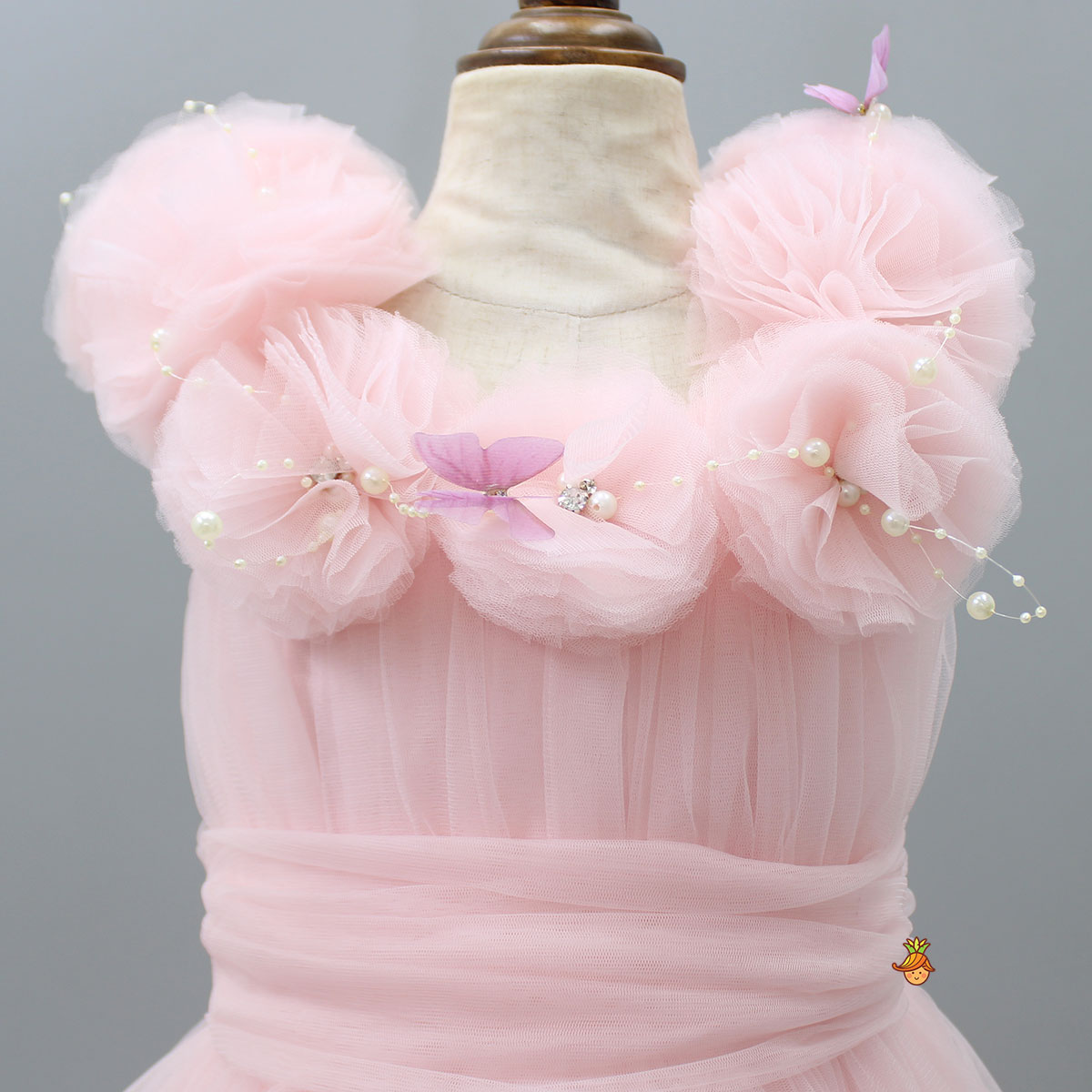 Pre Order: Pearls And Butterfly Embellished Ruffled Frilly High Low Dress