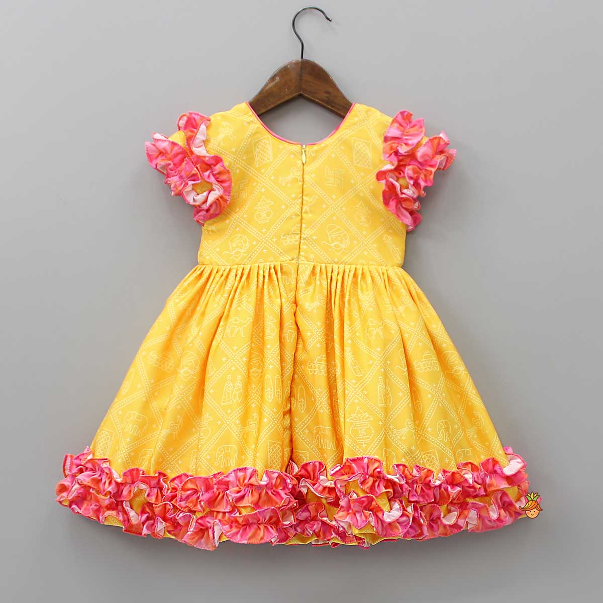 Pre Order: Bandhani Printed Ruffle Frilly Yellow Dress