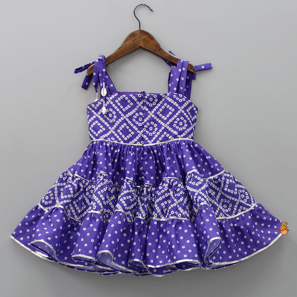 Pre Order: Bandhani Printed And Gota Lace Detailed Violet Tiered Kurti