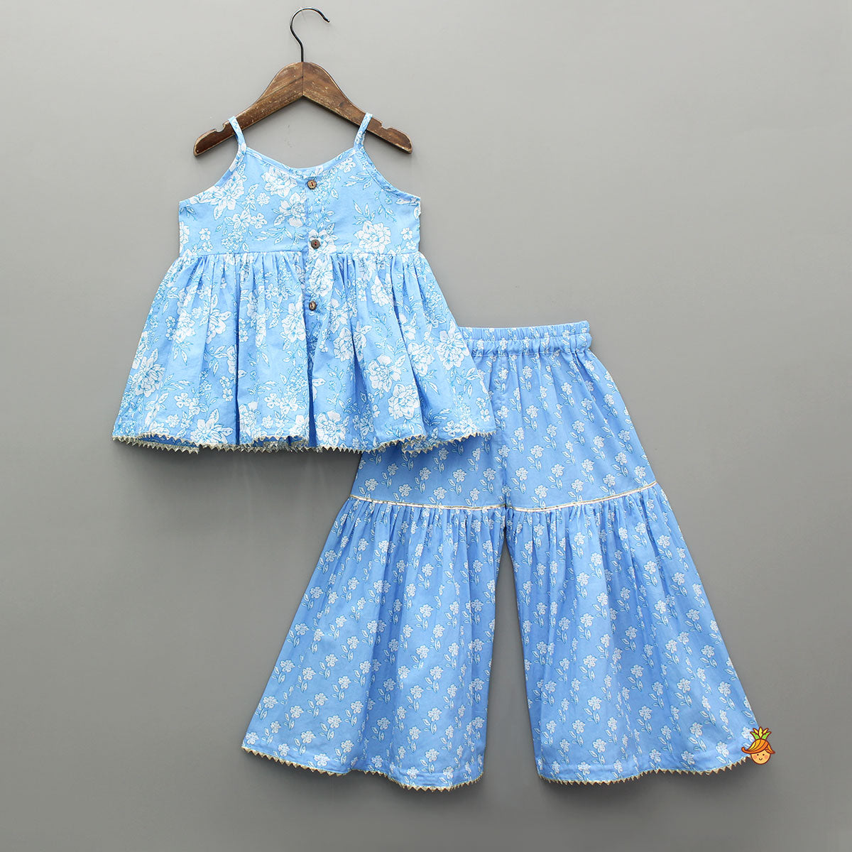 Pre Order: Gota Lace Detailed Floral Printed Powder Blue Top And Sharara