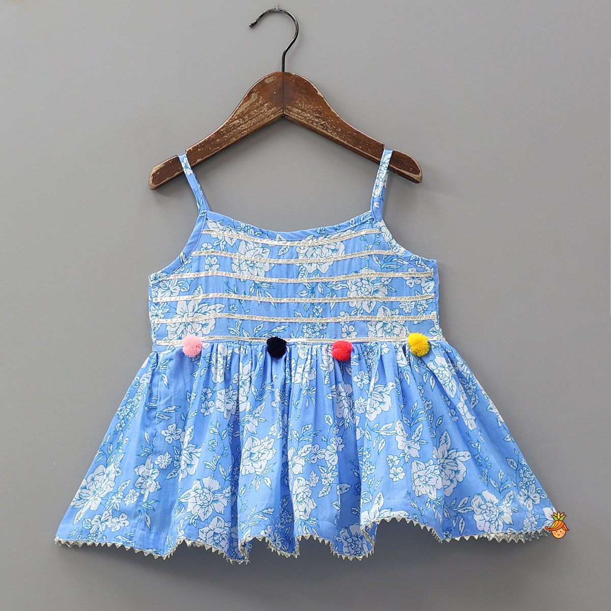 Pre Order: Gota Lace Detailed Floral Printed Powder Blue Top And Sharara