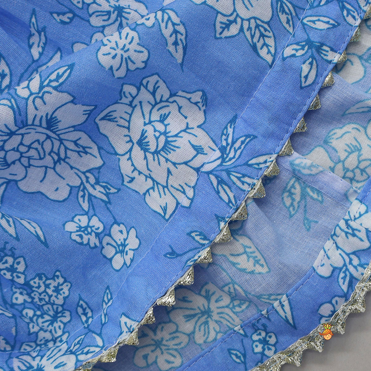 Pre Order: Gota Lace Detailed Floral Printed Powder Blue Top And Sharara