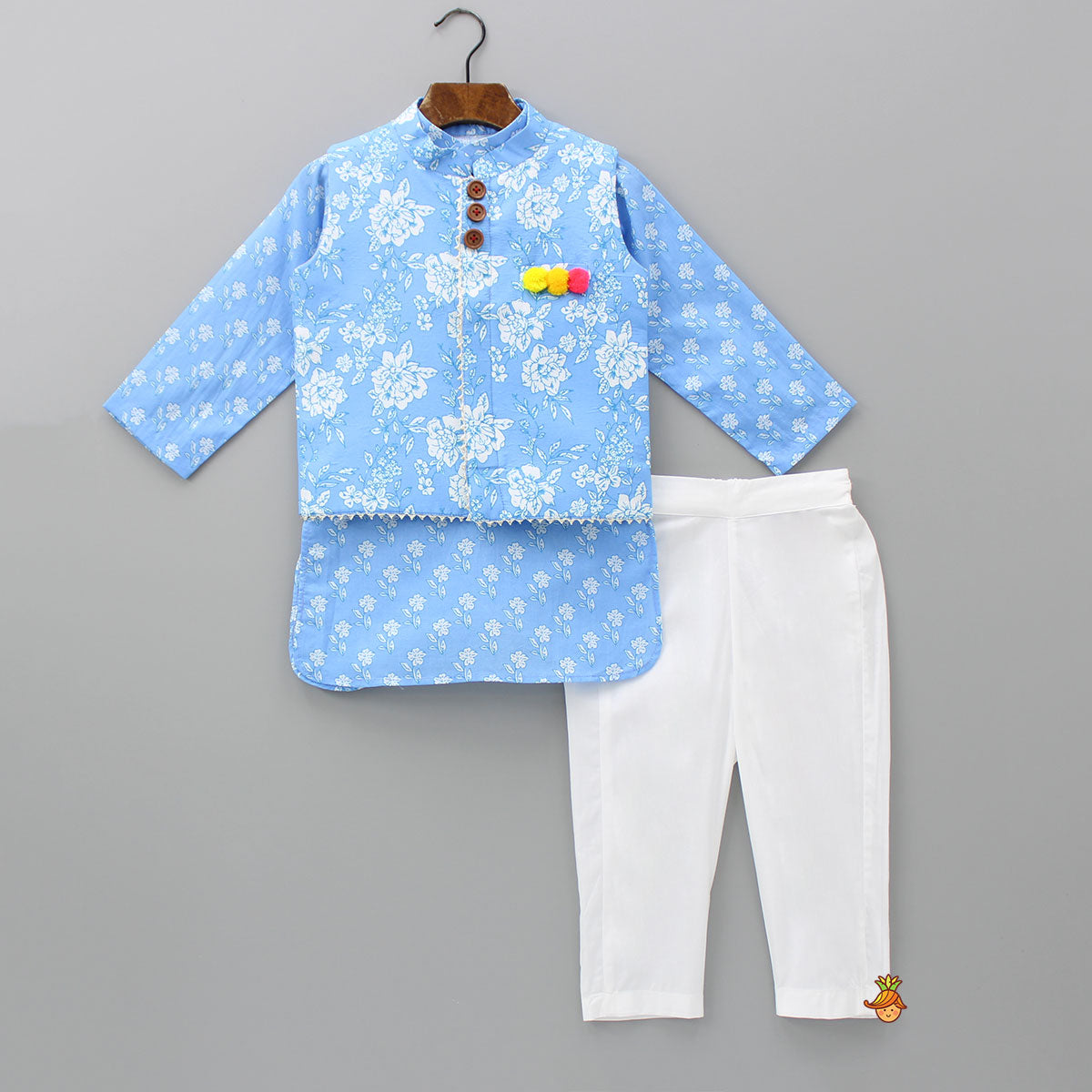 Pre Order: Gota Lace Detailed Powder Blue Ethnic Kurta With Floral Printed Jacket And Pyjama