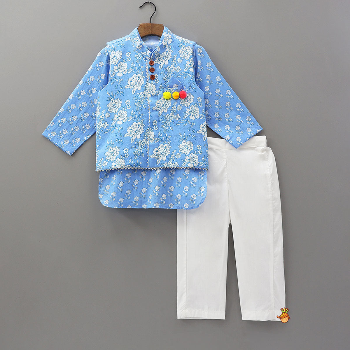 Pre Order: Gota Lace Detailed Powder Blue Ethnic Kurta With Floral Printed Jacket And Pyjama