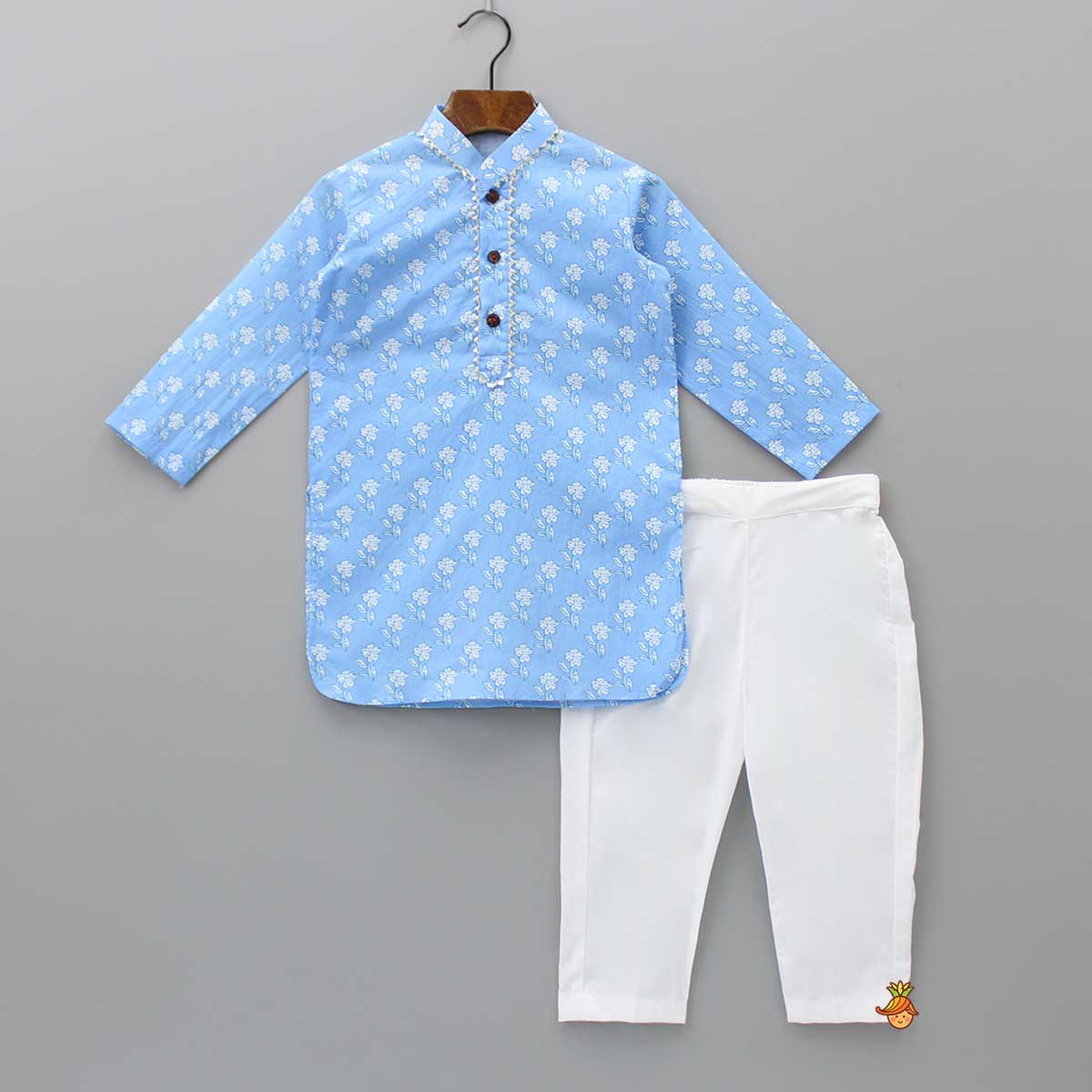 Pre Order: Gota Lace Detailed Powder Blue Ethnic Kurta With Floral Printed Jacket And Pyjama