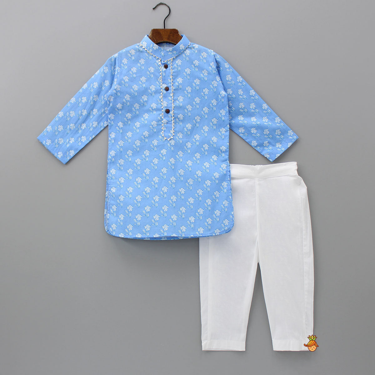 Pre Order: Gota Lace Detailed Powder Blue Ethnic Kurta With Floral Printed Jacket And Pyjama