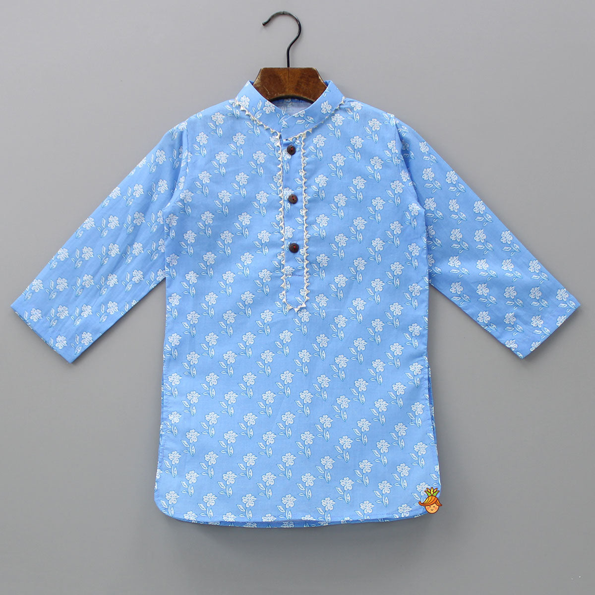 Pre Order: Gota Lace Detailed Powder Blue Ethnic Kurta With Floral Printed Jacket And Pyjama